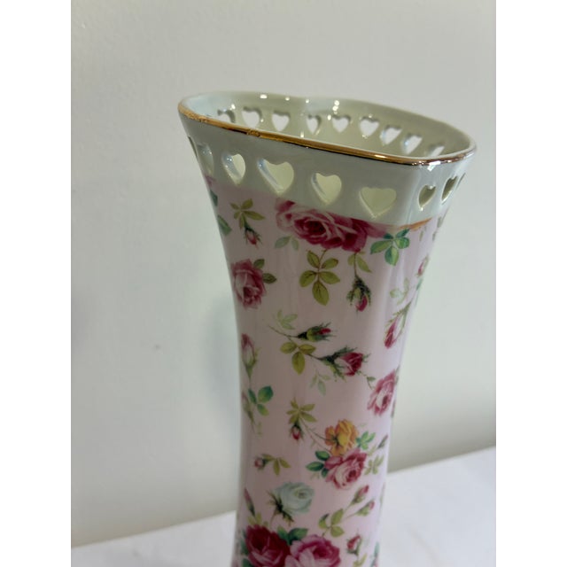 Vintage Godinger Antique Reflections Pink Rose Porcelain Vase With Heart Pierced Rim For Sale In Oklahoma City - Image 6 of 10