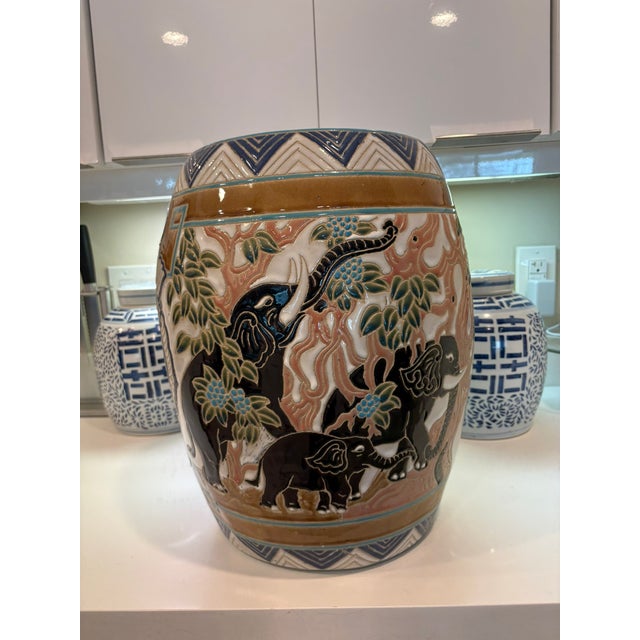 Vintage Elephant Motif Ceramic Garden Stool Side Table Boho Chinoiserie Decor For Sale - Image 11 of 12