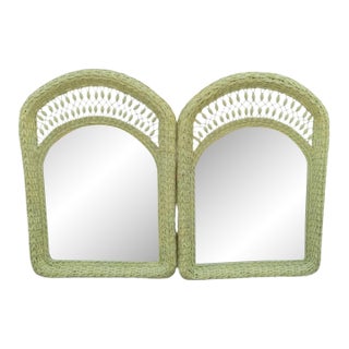 Vintage Painted Pale Green Wicker Oval Arched Top Large Beaded Wall Mirrors- A Pair For Sale