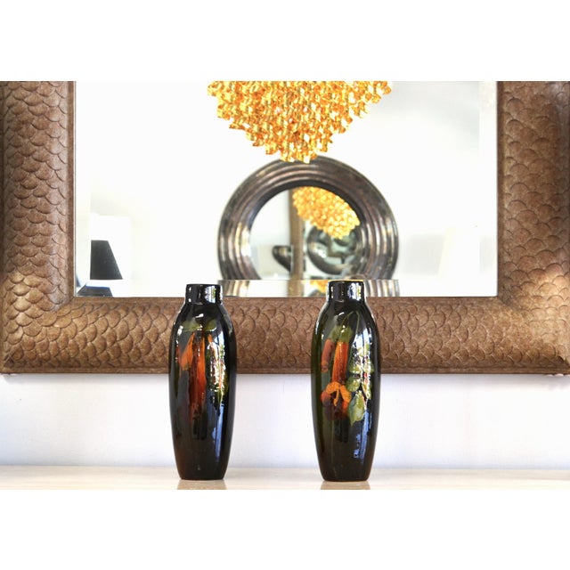 Pair of 1920s Tall Hand Painted Brown Glazed Ceramic Flower Vases For Sale - Image 12 of 12