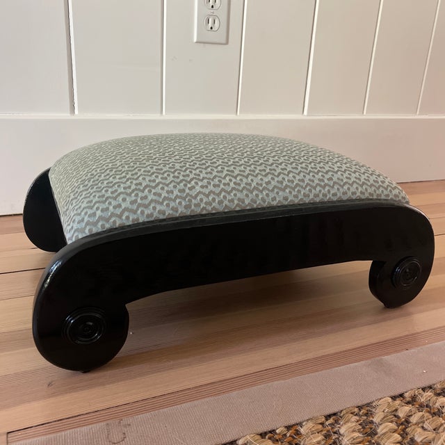 High Gloss Black Low Scroll Stool With Fortuny Cotton Fabric