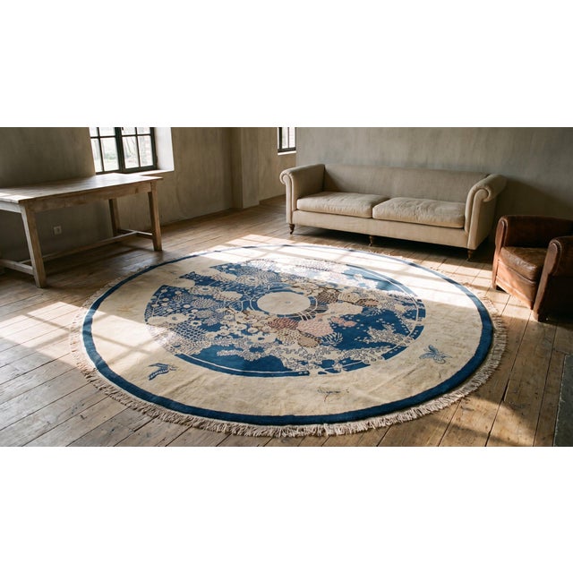 Ecru Pretty Floral Design in a Ivory Field & Navy Border Color Antique Round Chinese Peking Rug For Sale - Image 8 of 9