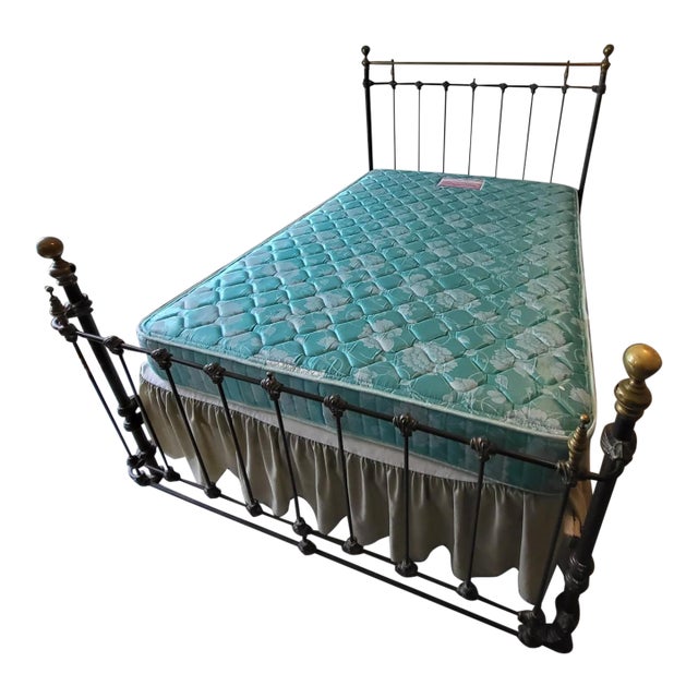 Antique French 1890’s Cast Iron and Brass Full Size Bed Frame For Sale