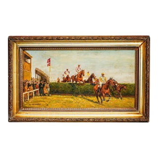 Stately English Antique Gold Framed Horse Racing Oil Painting Equestrian Art Country Home Wall Decor For Sale