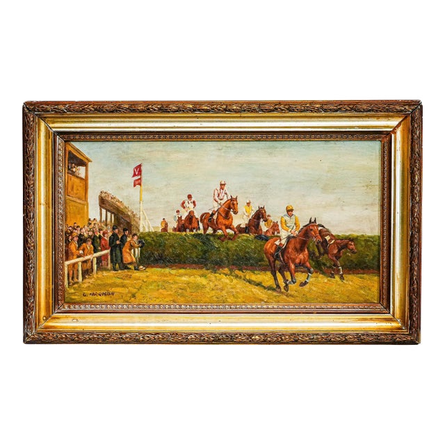 Stately English Antique Gold Framed Horse Racing Oil Painting Equestrian Art Country Home Wall Decor For Sale