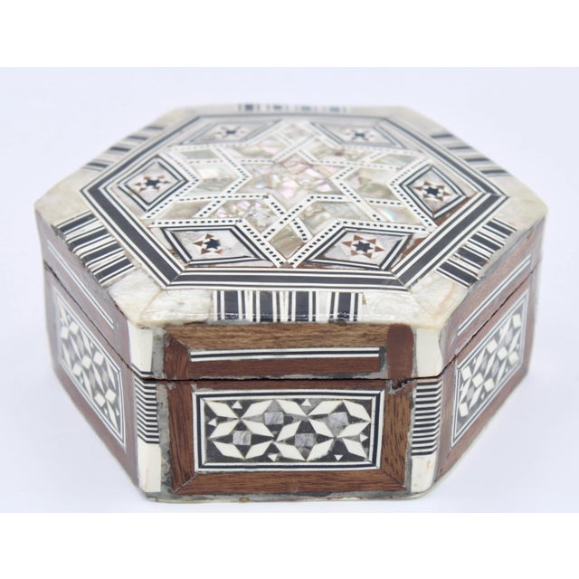 Wood Hexagon Handmade Inlaid Mother of Pearl Jewelry Box For Sale - Image 7 of 11