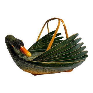 1960's Mid-Century Vintage Chinese Green Rattan Swan Duck Goose Fruit Basket With Handle For Sale