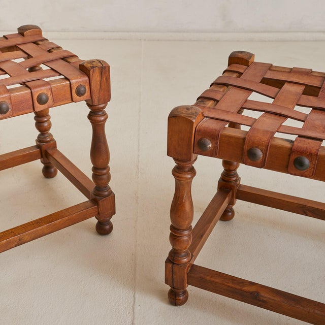 Brown Spanish Oak + Woven Cognac Leather Stool, 1950s - 2 Available For Sale - Image 8 of 11