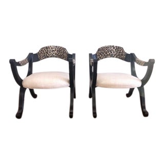 Pair of 1960's Vintage Leopard and Black Curule Style Accent Chairs- a Pair For Sale
