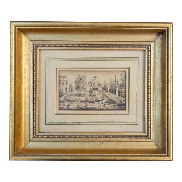 19th Century European English Pen and Ink Genre Scene With Women in a Garden For Sale