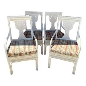 Vintage Bamboo Bentwood Rattan Wheat Back Dining Armchairs - Set of 4