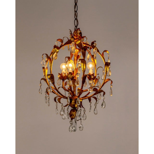 Mid Century Spherical Gilt Leaves & Crystal Chandelier For Sale - Image 9 of 12