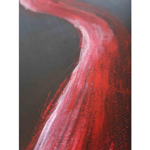 A striking abstract composition defined by a single flowing crimson form moving across a deep black background. Executed...