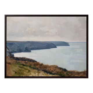 Contemporary Distant Reflected Light at Porthtowan by Jon Doran | Oil on Panel Cornish Cliffs and Calm Sea For Sale