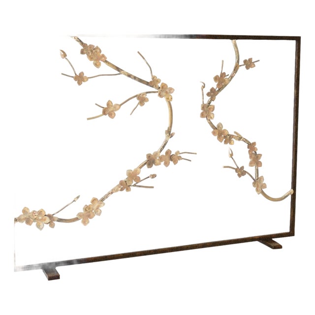 Warm Black Sakura Fireplace Screen Iron For Sale