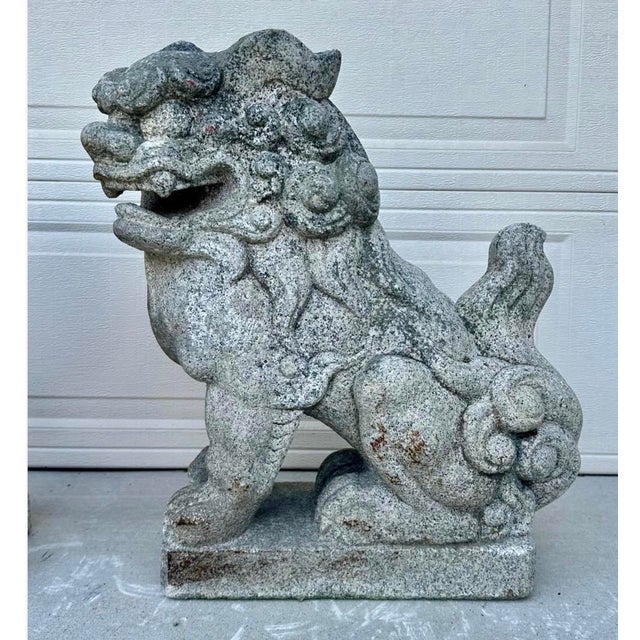 Rare Late 19th Century Meiji Era Japanese Granite Komainu Guardian Lions Hand Carved Stone Foo Dogs / Shishi Pair (C. 1890) For Sale In San Diego - Image 6 of 18