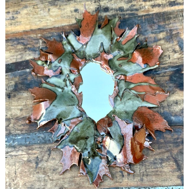 Vintage Boho Original Slab Built Studio Pottery Leaves Mirror For Sale - Image 4 of 12