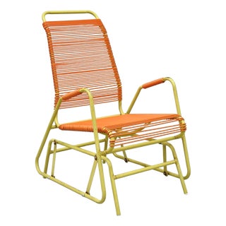 Vintage Mid Century Modern Orange Vinyl Spaghetti Strap Glider Lounge Chair For Sale