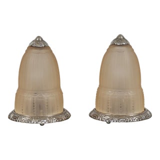 Pair of 1920s French Art Deco Muller Freres Peach Frosted Glass & Nickeled Bronze Lamps For Sale