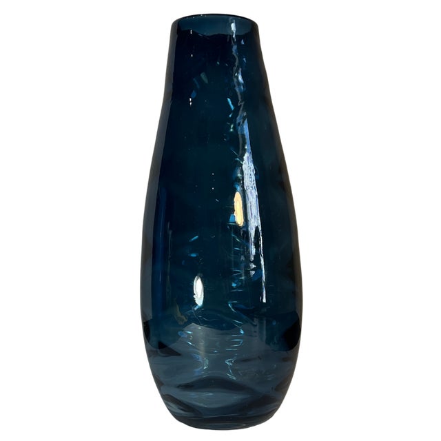 14+ In, Tall Art Glass Wavy Pattern Blue Vase For Sale - Image 9 of 12