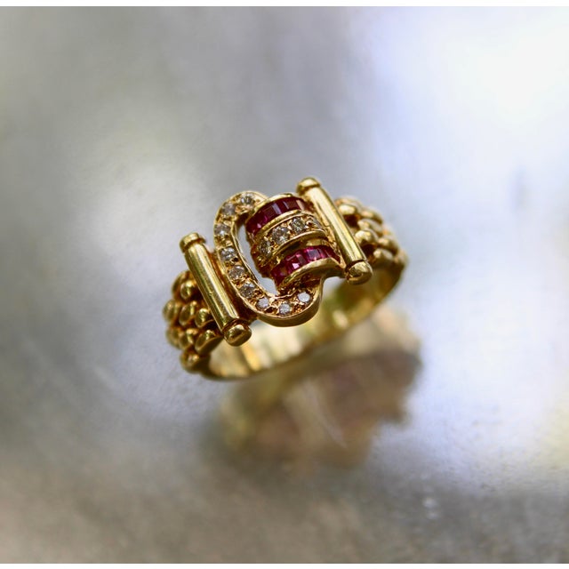 Vintage 18k Gold Diamond and Ruby Buckle Ring, Size 4.5 For Sale - Image 9 of 10
