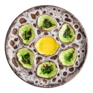 Vintage French Green & Yellow Lemon Majolica Oyster Plate, After Vallauris For Sale