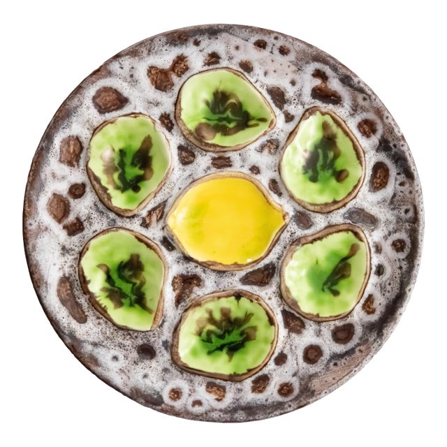 Vintage French Green & Yellow Lemon Majolica Oyster Plate, After Vallauris For Sale