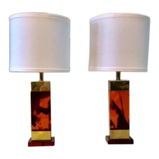 Pair of Mid Century Modern Italian Amber Lucite and Brass Table Lamps For Sale