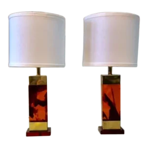 Pair of Mid Century Modern Italian Amber Lucite and Brass Table Lamps