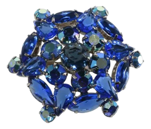 1960s Vintage Brooch Blue Rhinestones in Silver-Plated Metal