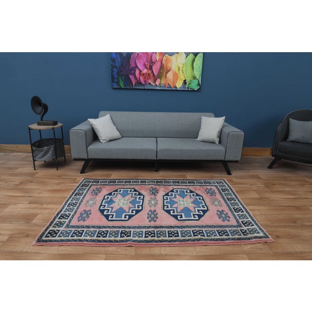 Turkish 1970s Vintage Turkish Handmade Wool Cotton Pink Area Rug For Sale - Image 3 of 11