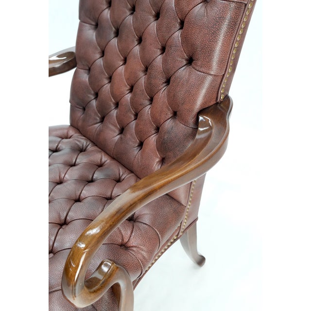 Pair Burgundy Leather Queen Anne Tufted Upholstery Walnut Armchairs MINT For Sale - Image 10 of 17