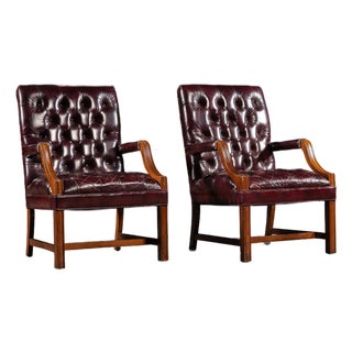 Late 20th Century Pair of Tufted Leather Square-Back Dining Chairs in Oxblood For Sale