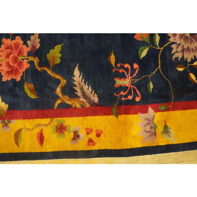 Navy Blue Lovely Navy Blue Background and Yellow Gold Border Color With Floral Design Antique Chinese Art Deco Rug For Sale - Image 8 of 12