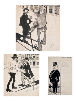Spanish or Catalan Artist, Satirical Cartoon Studies, 1990s, Ink & Pencil Drawings, Set of 3
