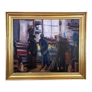 1930s Early Swedish Modernist Interior Scene Oil Painting by Göte Lundberg For Sale