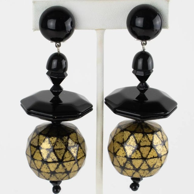 Contemporary Angela Caputi Black and Gold Resin Dangle Clip-on Earrings For Sale - Image 3 of 8