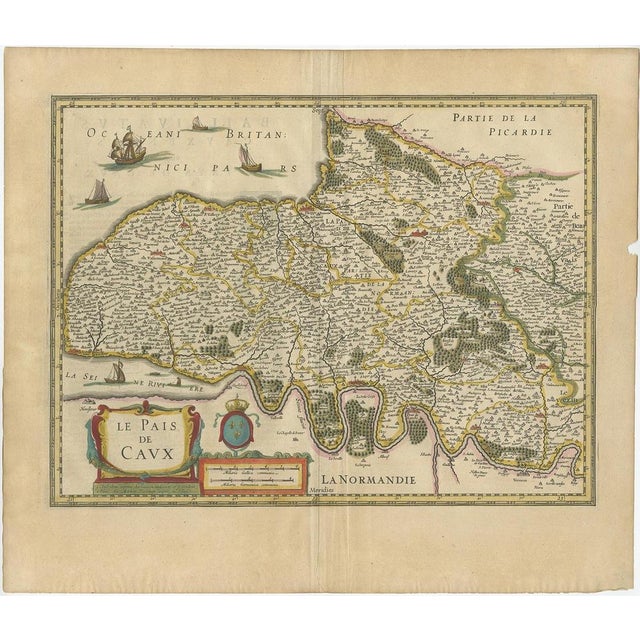 Antique Handcolored Map of Pays de Caux in Normandy, France, 1640 For Sale - Image 3 of 5