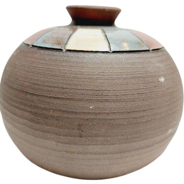 Contemporary 1980s Hand Turned Studio Art Pottery Clay Weed Vase With Multicolor Enamel Striped Design and Signed Base For Sale - Image 3 of 8