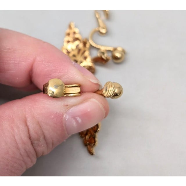 Vintage Signed Napier Goldtone Orange Plique-A-Jour Leaf Dangle Clip Earrings-2 Pieces For Sale In Philadelphia - Image 6 of 9