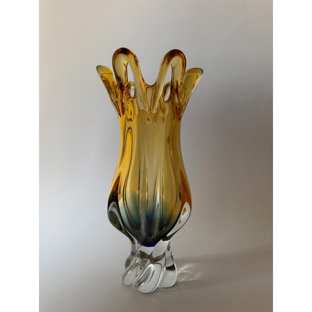 Olive Organic Modern Bohemian Amber Art Glass Vase from Egermann Glassworks, Czech Republic, 1980s For Sale - Image 8 of 16