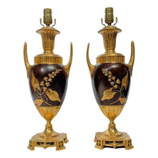 19th Century French Gilt Bronze Aestethic Urn Form Table Lamps - A Pair For Sale