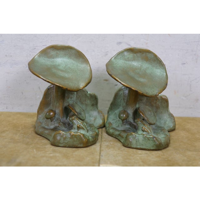 1930s Antique McClelland Barclay Art Deco Bronze Mushroom Frog Bookend Sculptures 4.5" For Sale - Image 5 of 13