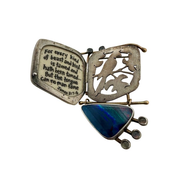 Ali Wieboldt 14k Gold & Sterling Painted Parrot Pin Opal & Moonstones For Sale In Charlotte - Image 6 of 8