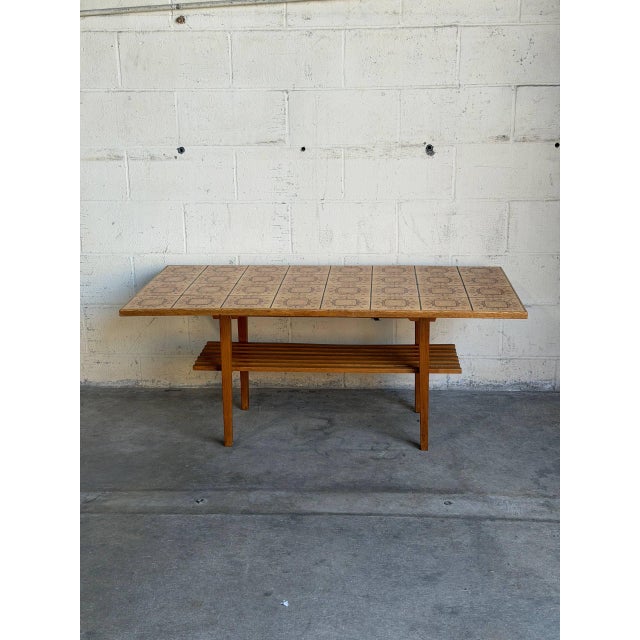1960s Vintage Danish Oak Coffee Table With Patterned Ceramic Tile Top and Slatted Shelf 1970s For Sale - Image 5 of 10