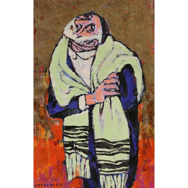 A contorted Rabbi looking upward is depicted in a naive, and almost child-like manner. Vibrant colors, and gestural...