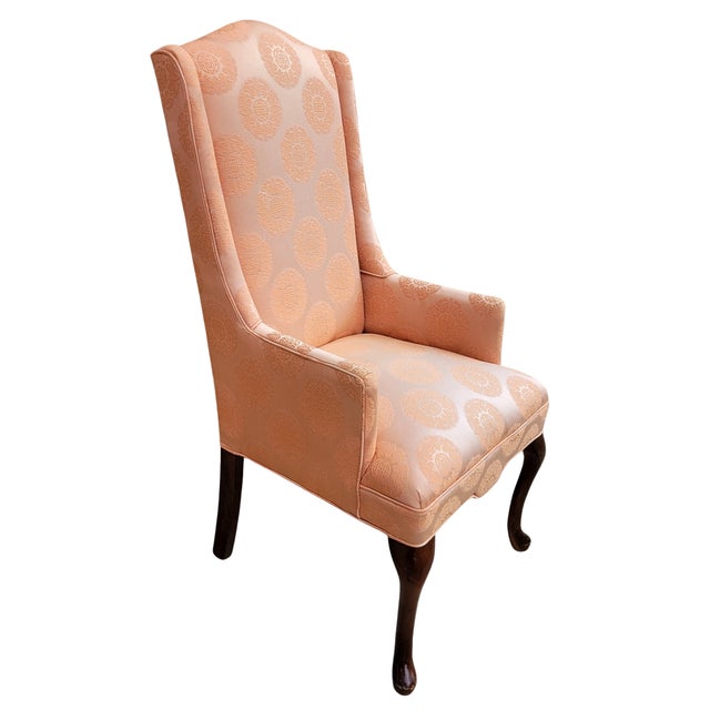 Late 20th Century Slender Queen Anne Wing Chair in Peach Silk Damask With Chinoiserie Medallions For Sale - Image 5 of 6