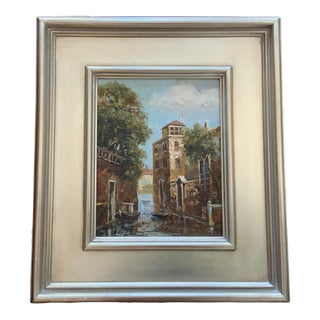 Signed Vintage Oil on Canvas Painting of Venice Canal in Pretty Silver Frame. For Sale