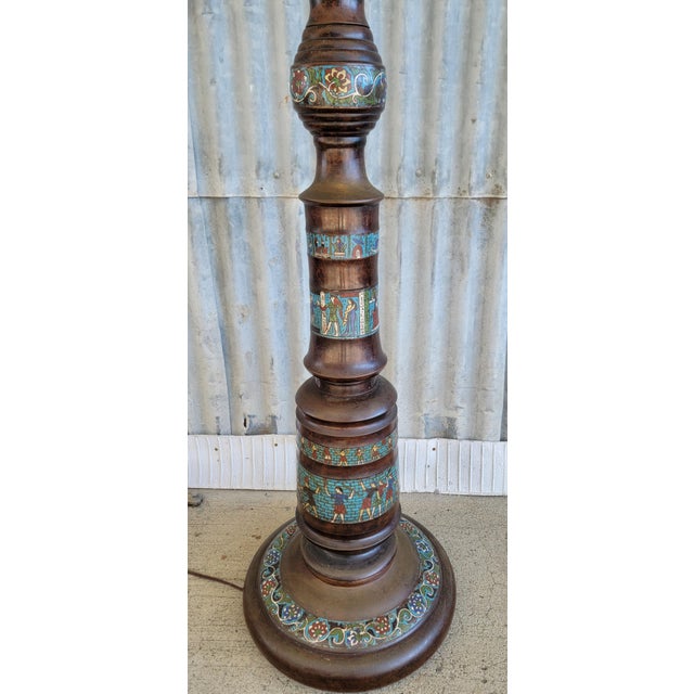 Unusual Egyptian Revival Japanese bronze floor lamp with cloisonne Egyptian figures. Measures 73 in to top of finial. Base...