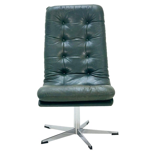 Mid-Century Dark Green Leather Lounge Chair, 1980s For Sale